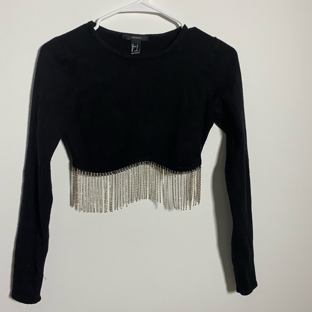 Forever 21 Black Embellished Cropped Top with Dropped Rhinestone